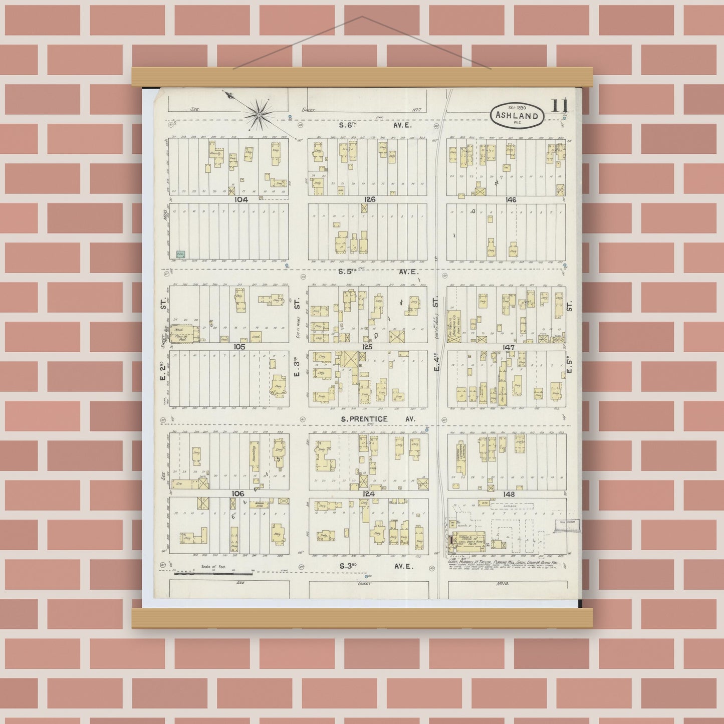 Old map wall art mockup — magnetic wood frame on brick wall — Sanborn Fire Insurance Map from Ashland, Ashland County, Wisconsin (1890), Sheet #0011