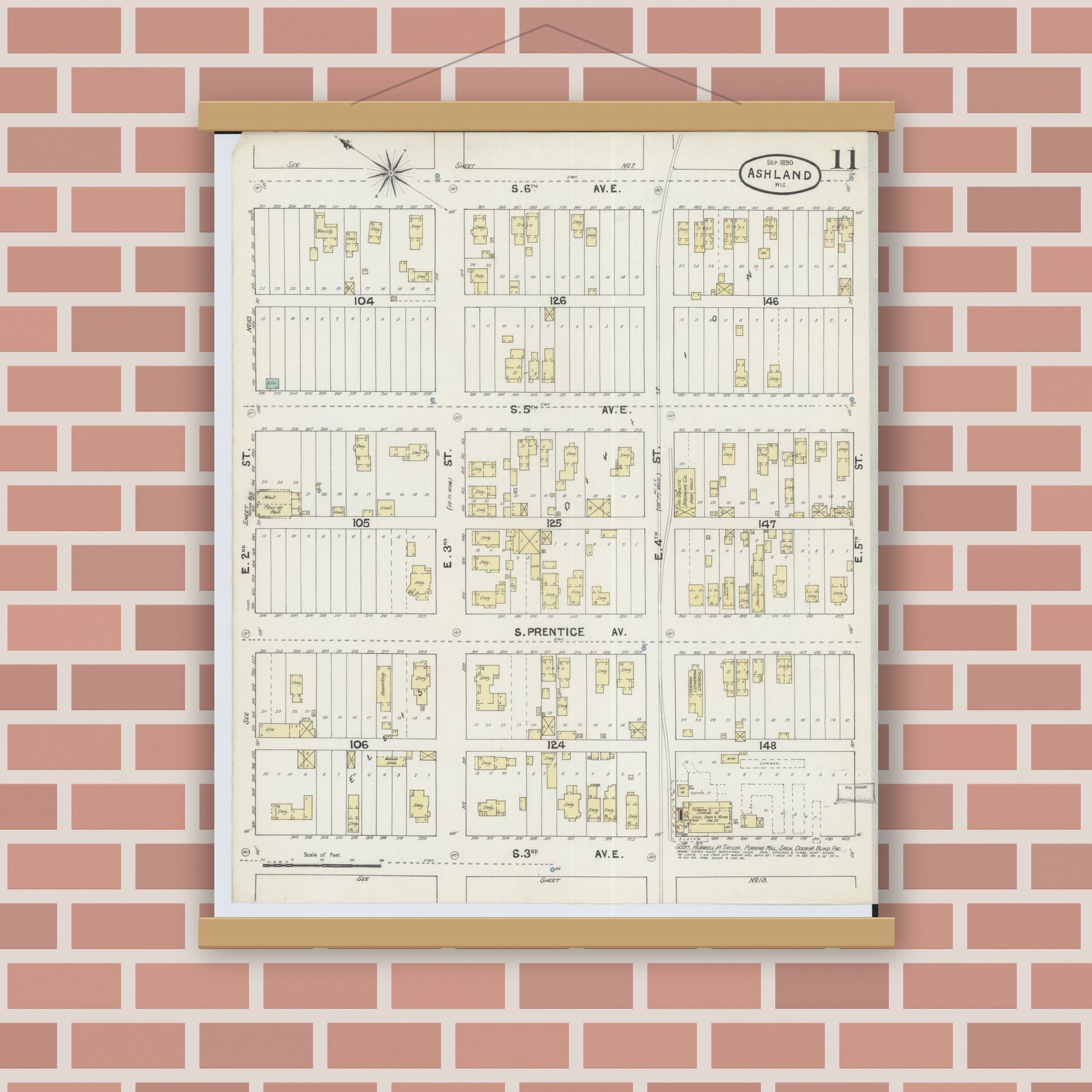 Old map wall art mockup — magnetic wood frame on brick wall — Sanborn Fire Insurance Map from Ashland, Ashland County, Wisconsin (1890), Sheet #0011