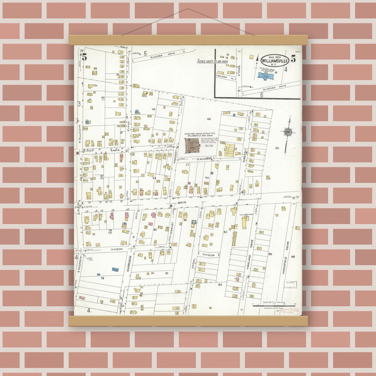 Old map wall art mockup — magnetic wood frame on brick wall — Sanborn Fire Insurance Map from Williamsville, Erie County, New York (1923), Sheet #0005
