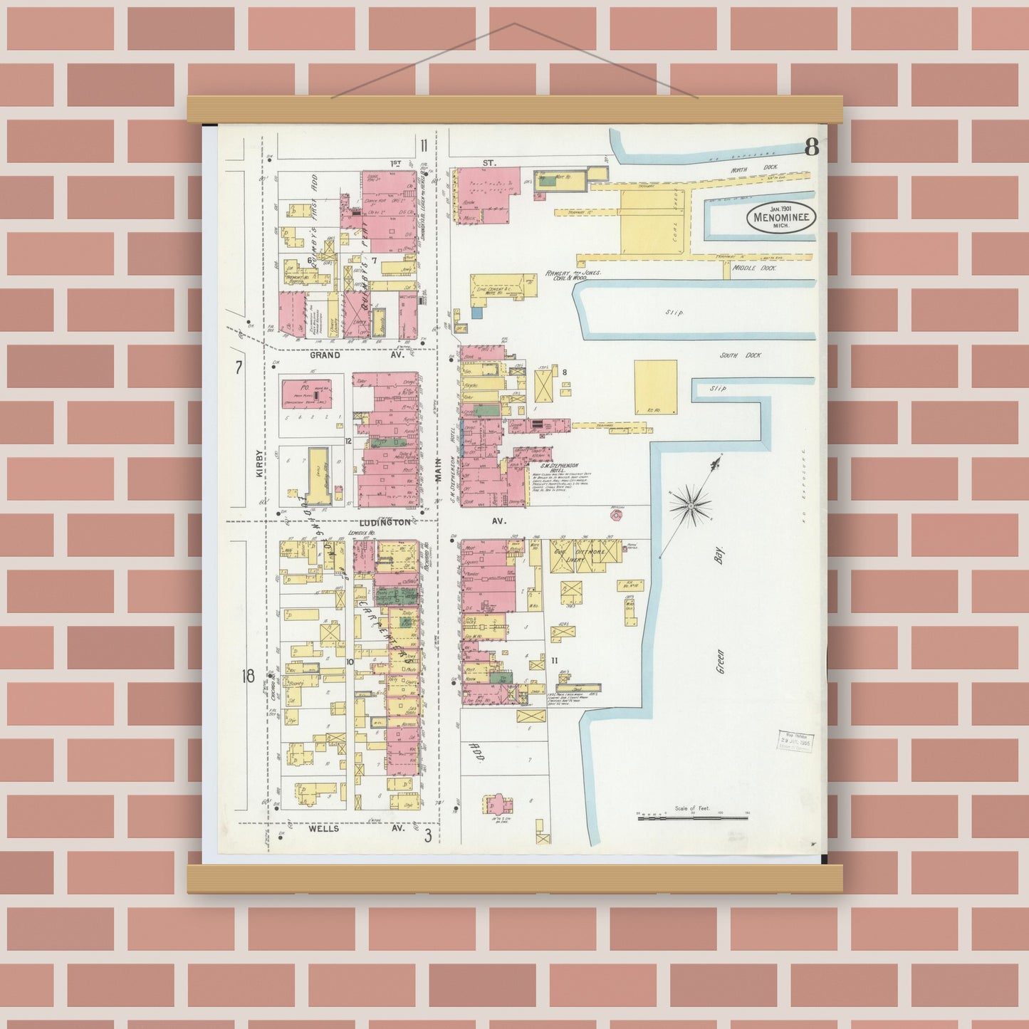 Old map wall art mockup — magnetic wood frame on brick wall — Sanborn Fire Insurance Map from Menominee, Menominee County, Michigan (1901), Sheet #0008
