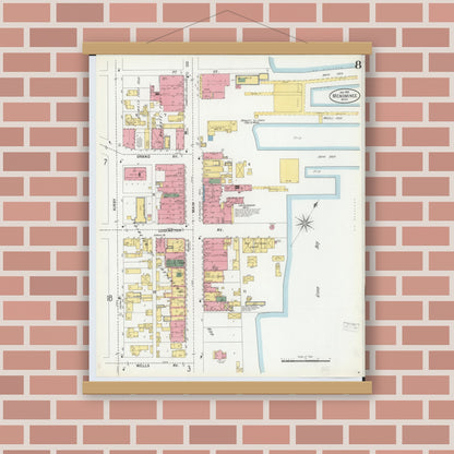 Old map wall art mockup — magnetic wood frame on brick wall — Sanborn Fire Insurance Map from Menominee, Menominee County, Michigan (1901), Sheet #0008