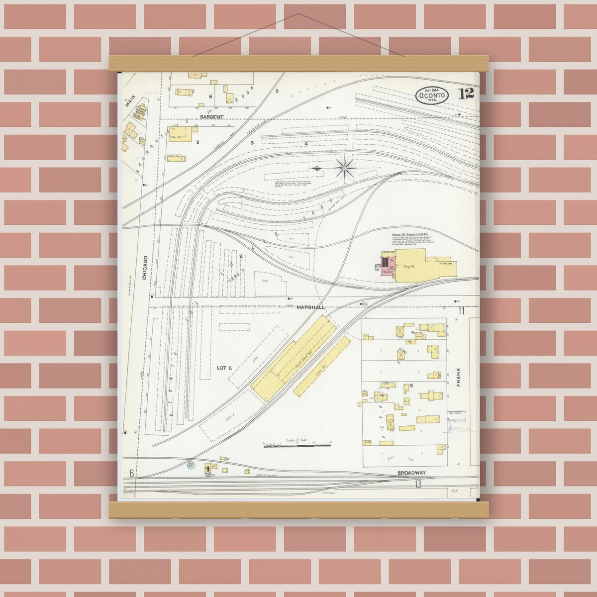 Old map wall art mockup — magnetic wood frame on brick wall — Sanborn Fire Insurance Map from Oconto, Oconto County, Wisconsin (1904), Sheet #0012