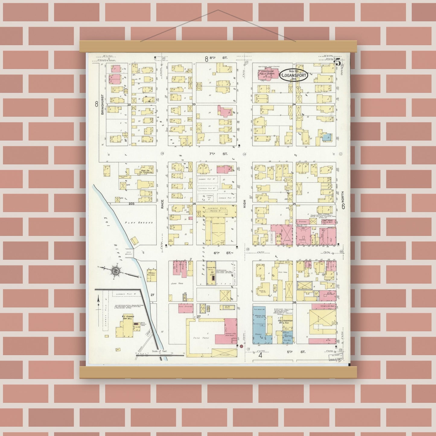 Old map wall art mockup — magnetic wood frame on brick wall — Sanborn Fire Insurance Map from Logansport, Cass County, Indiana (1911), Sheet #0005