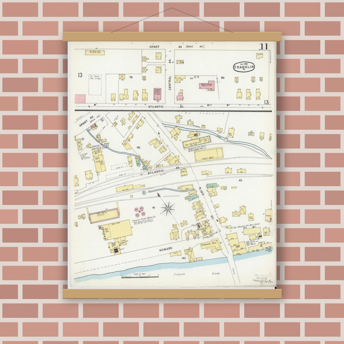 Old map wall art mockup — magnetic wood frame on brick wall — Sanborn Fire Insurance Map from Franklin, Venango County, Pennsylvania (1896), Sheet #0011