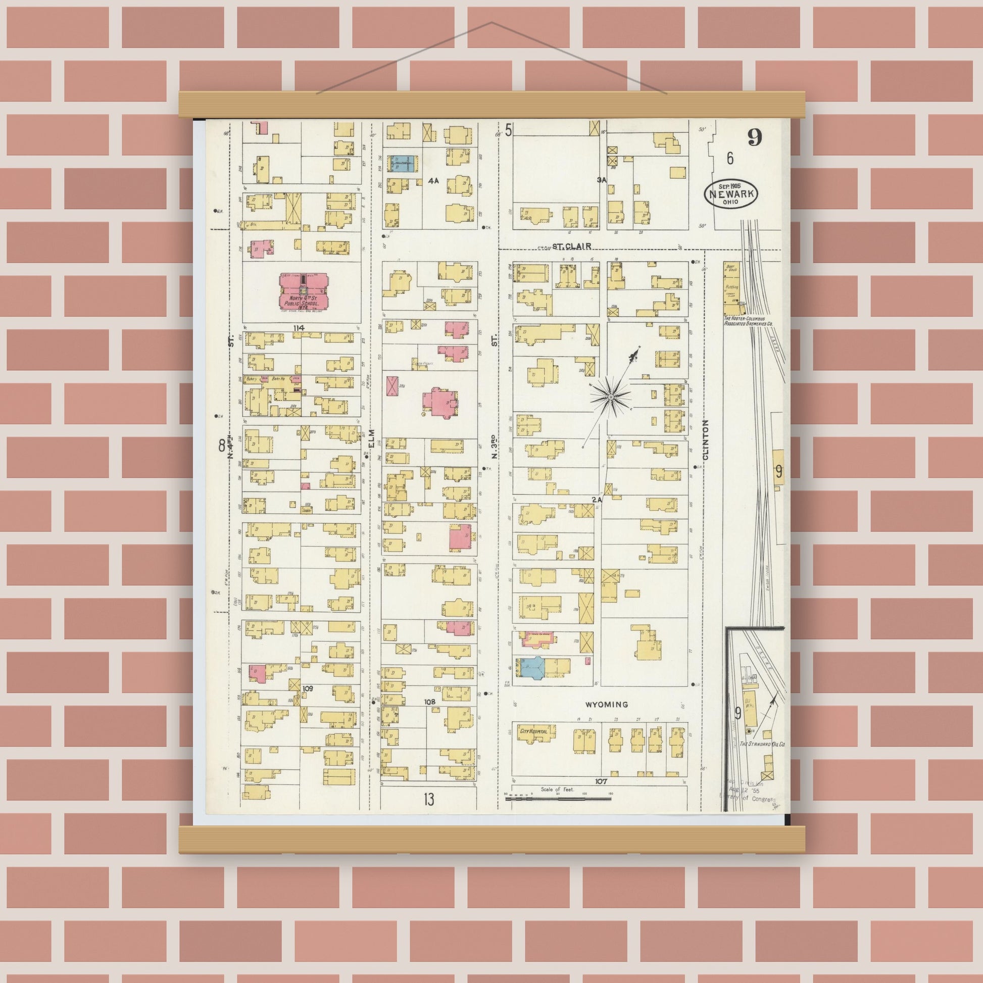 Old map wall art mockup — magnetic wood frame on brick wall — Sanborn Fire Insurance Map from Newark, Licking County, Ohio (1905), Sheet #0009