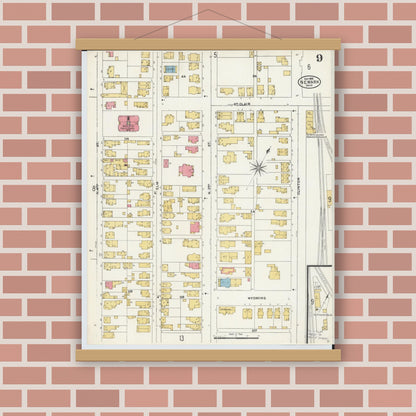 Old map wall art mockup — magnetic wood frame on brick wall — Sanborn Fire Insurance Map from Newark, Licking County, Ohio (1905), Sheet #0009
