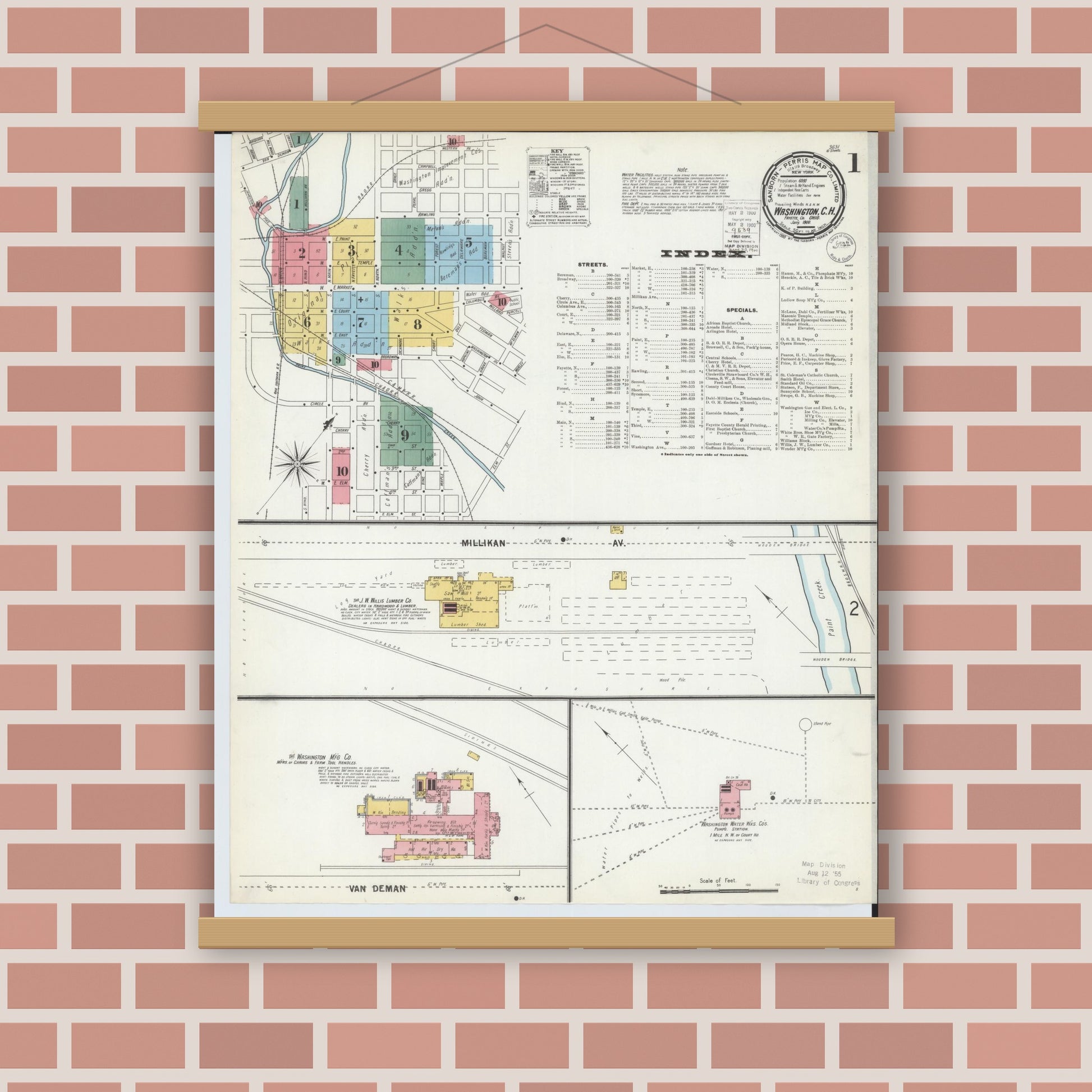 Old map wall art mockup — magnetic wood frame on brick wall — Sanborn Fire Insurance Map from Washington Court House, Fayette County, Ohio (1900) - Complete Map Set