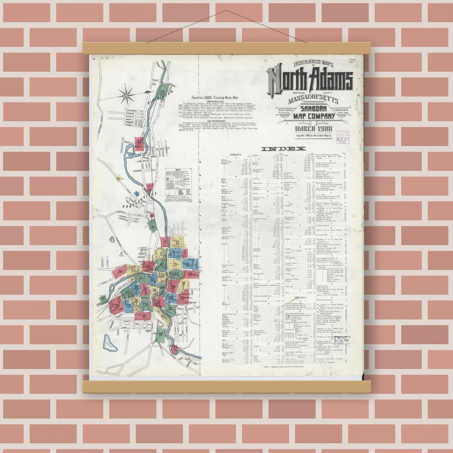 Old map wall art mockup — magnetic wood frame on brick wall — Sanborn Fire Insurance Map from North Adams, Berkshire County, Massachusetts (1908), Sheet #0001