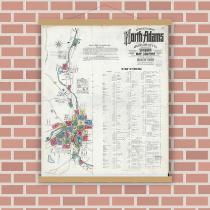 Old map wall art mockup — magnetic wood frame on brick wall — Sanborn Fire Insurance Map from North Adams, Berkshire County, Massachusetts (1908), Sheet #0001