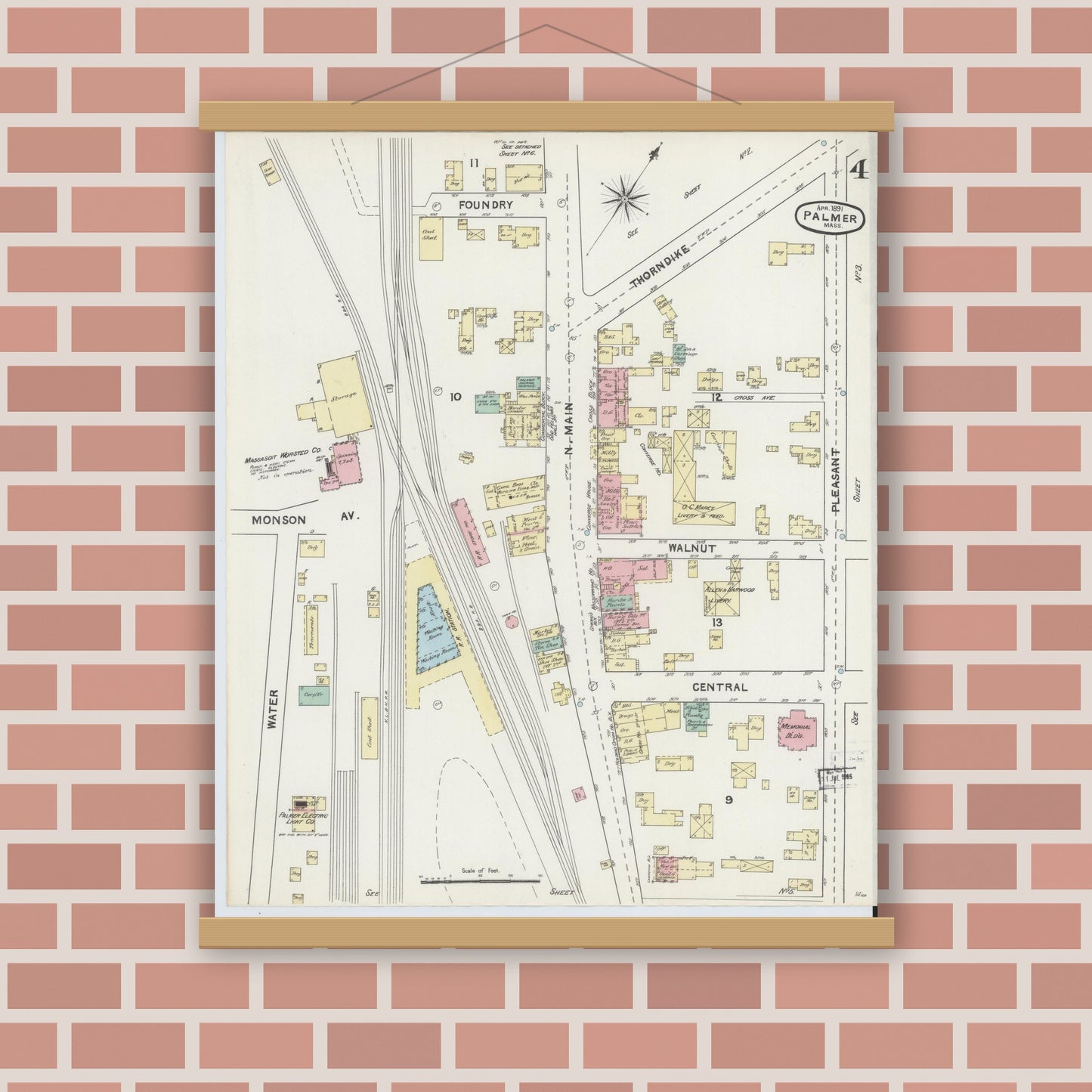 Old map wall art mockup — magnetic wood frame on brick wall — Sanborn Fire Insurance Map from Palmer, Hampden County, Massachusetts (1891), Sheet #0004