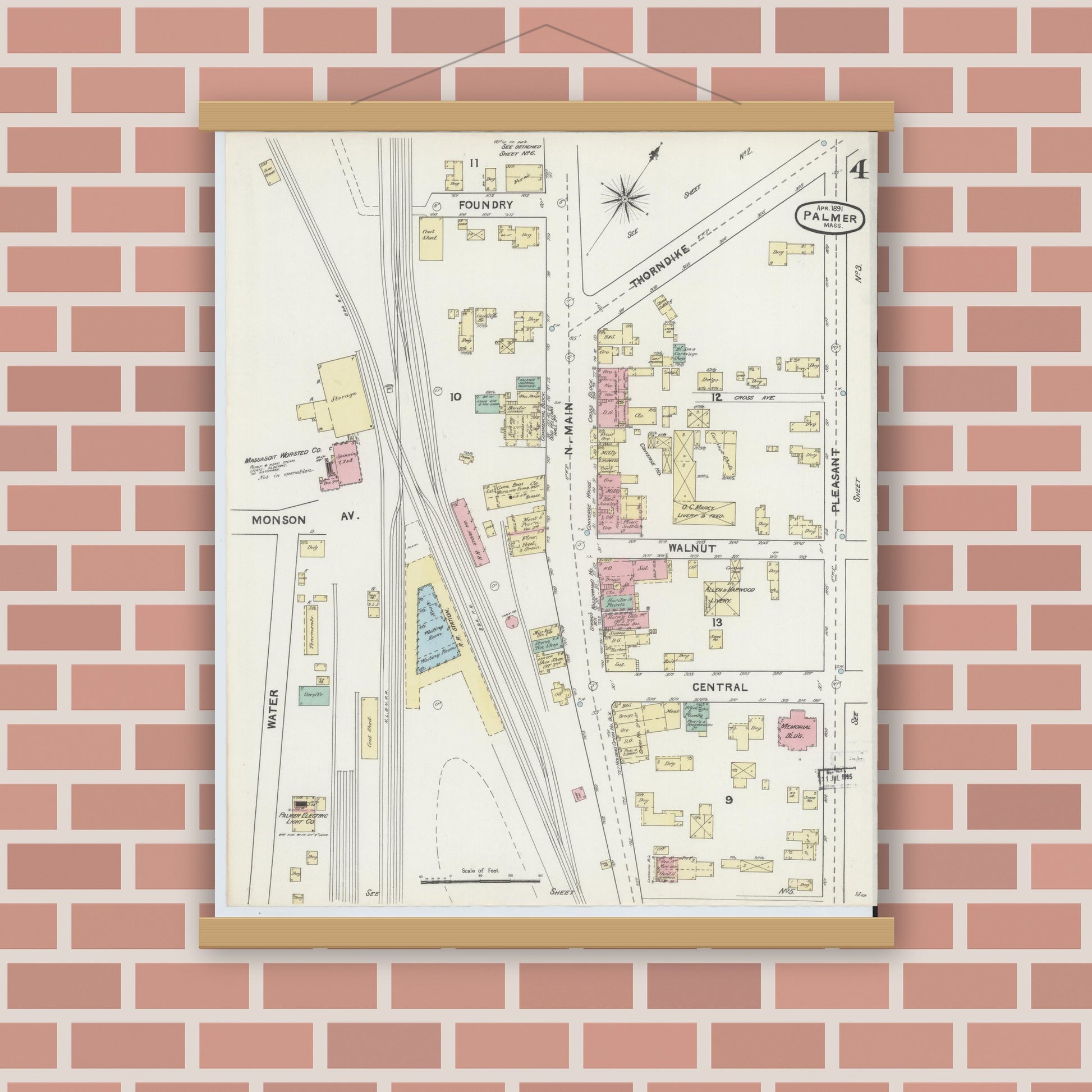Old map wall art mockup — magnetic wood frame on brick wall — Sanborn Fire Insurance Map from Palmer, Hampden County, Massachusetts (1891), Sheet #0004