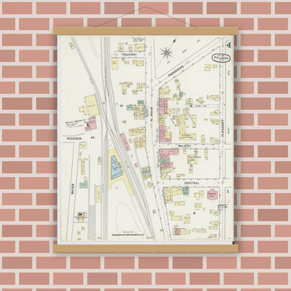 Old map wall art mockup — magnetic wood frame on brick wall — Sanborn Fire Insurance Map from Palmer, Hampden County, Massachusetts (1891), Sheet #0004