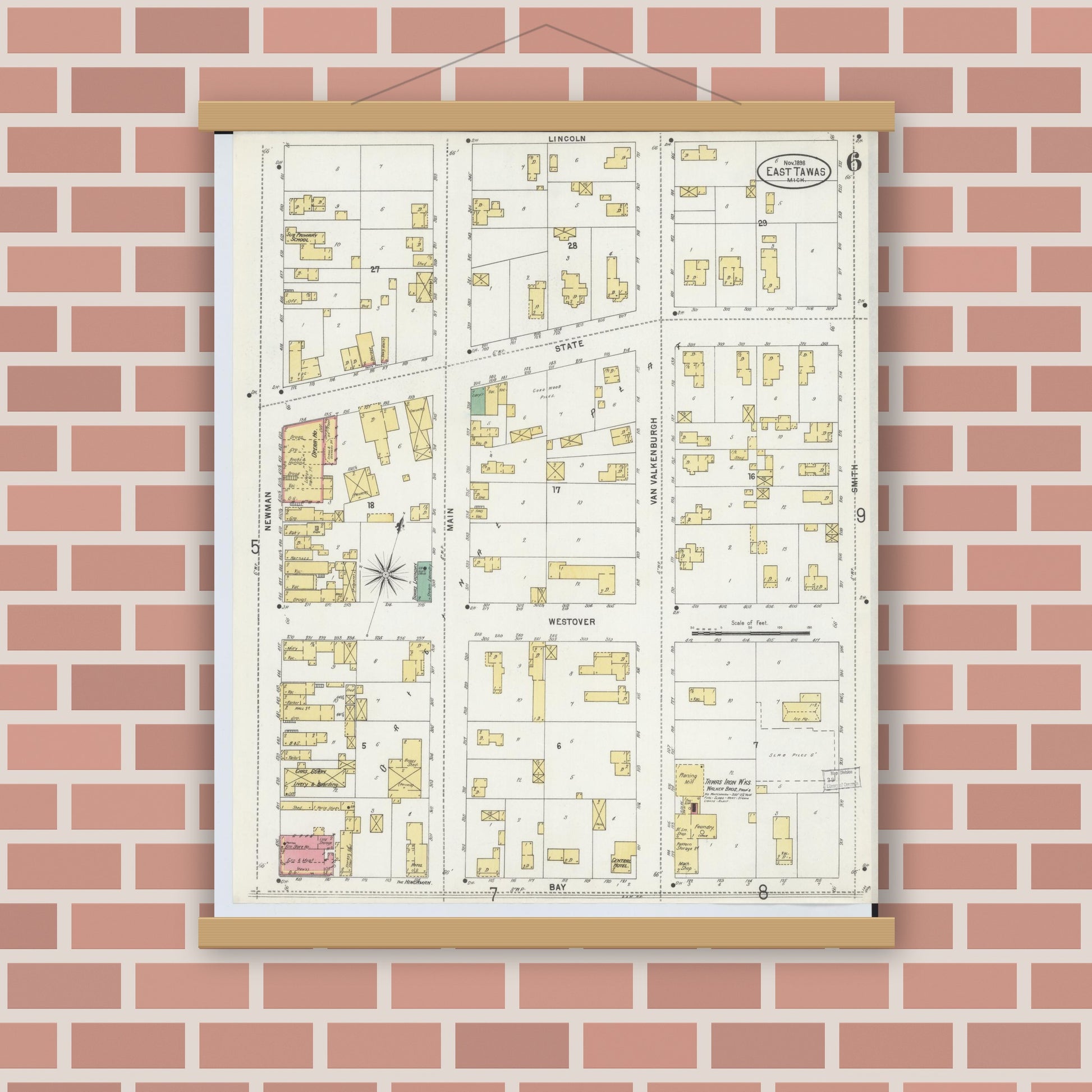 Old map wall art mockup — magnetic wood frame on brick wall — Sanborn Fire Insurance Map from Tawas City, Iosco County, Michigan (1898), Sheet #0006