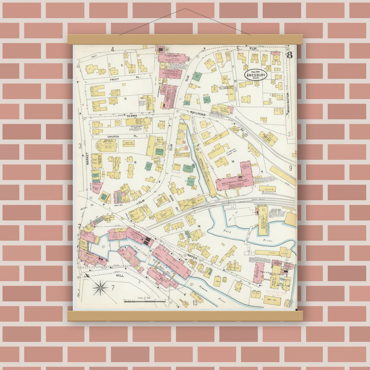 Old map wall art mockup — magnetic wood frame on brick wall — Sanborn Fire Insurance Map from Amesbury, Essex County, Massachusetts (1904), Sheet #0008