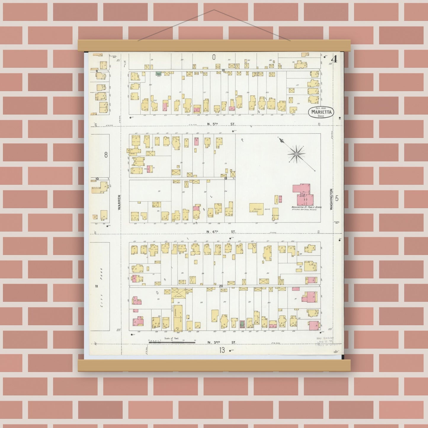 Old map wall art mockup — magnetic wood frame on brick wall — Sanborn Fire Insurance Map from Marietta, Washington County, Ohio (1900), Sheet #0004