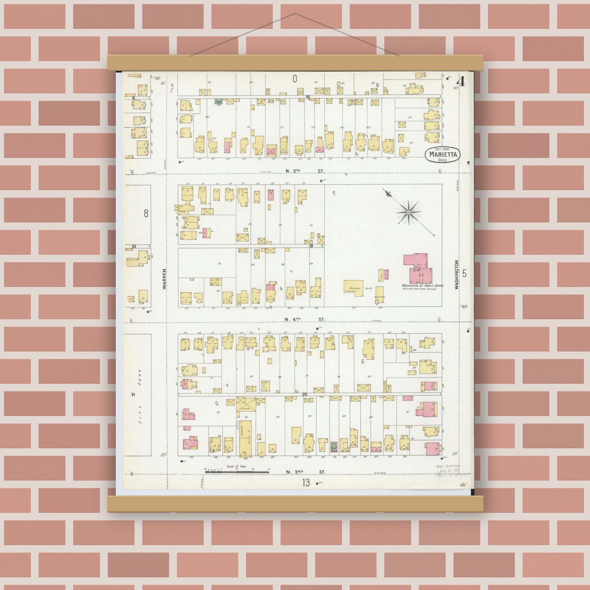 Old map wall art mockup — magnetic wood frame on brick wall — Sanborn Fire Insurance Map from Marietta, Washington County, Ohio (1900), Sheet #0004