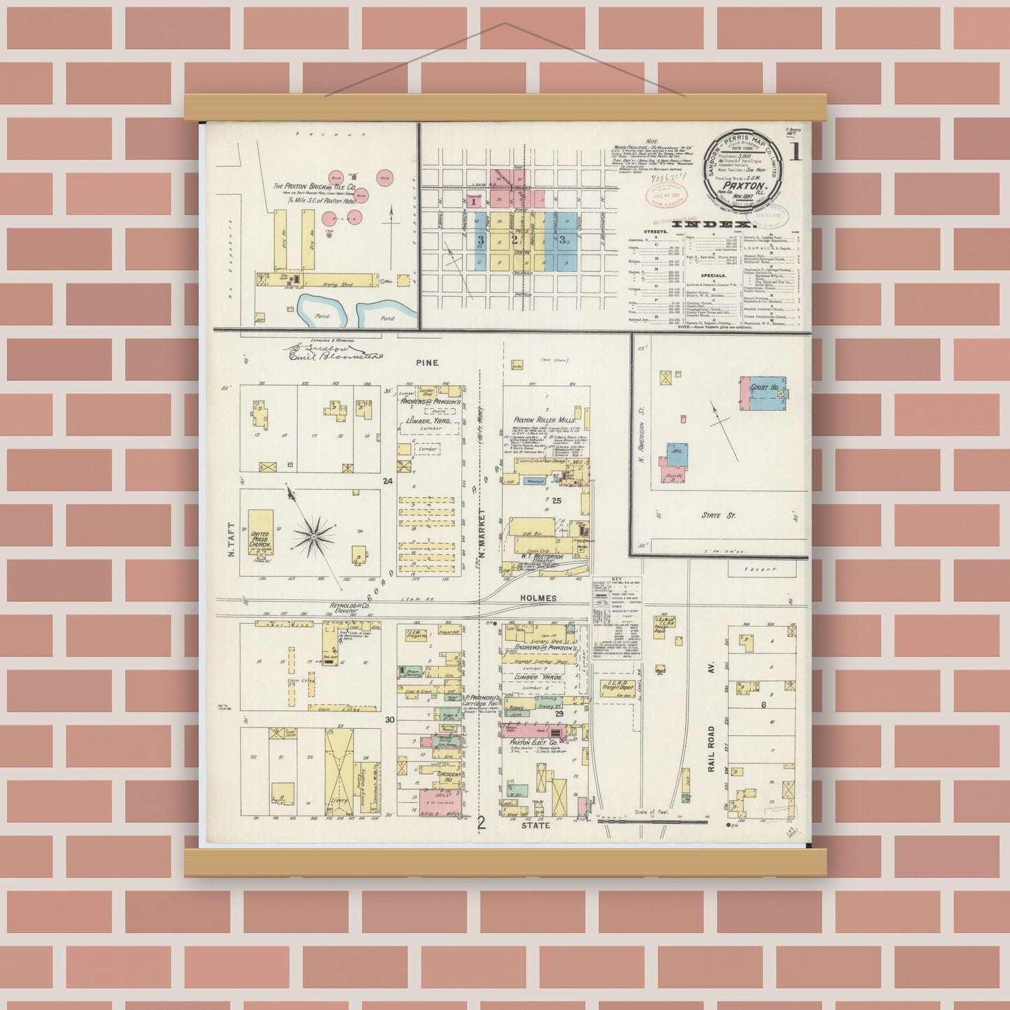 Old map wall art mockup — magnetic wood frame on brick wall — Sanborn Fire Insurance Map from Paxton, Ford County, Illinois (1897) - Complete Map Set