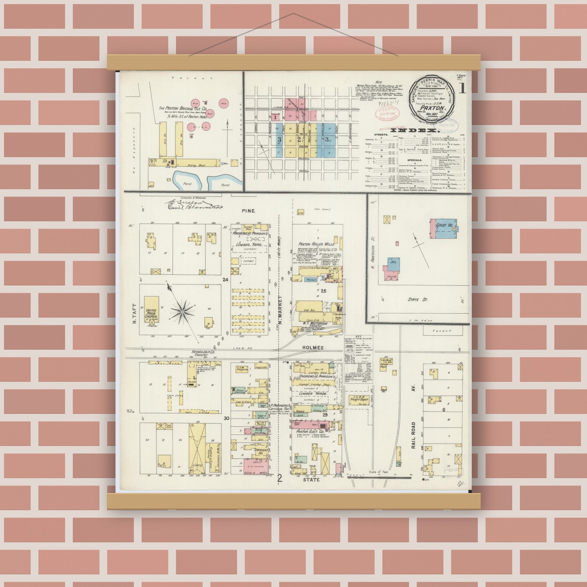 Old map wall art mockup — magnetic wood frame on brick wall — Sanborn Fire Insurance Map from Paxton, Ford County, Illinois (1897) - Complete Map Set