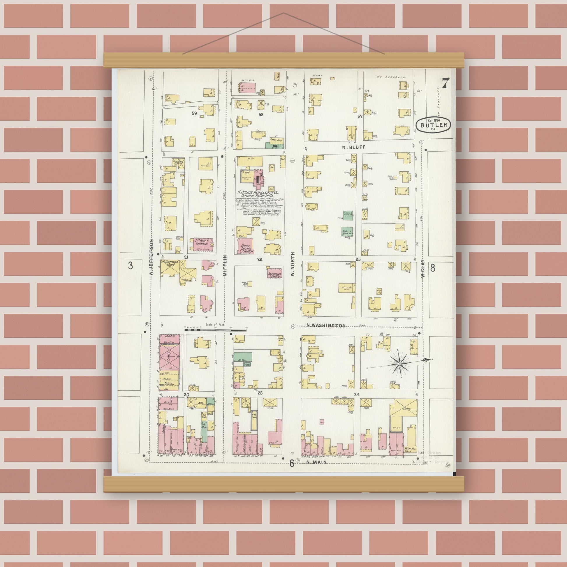 Old map wall art mockup — magnetic wood frame on brick wall — Sanborn Fire Insurance Map from Butler, Butler County, Pennsylvania (1896), Sheet #0007