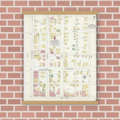 Old map wall art mockup — magnetic wood frame on brick wall — Sanborn Fire Insurance Map from Butler, Butler County, Pennsylvania (1896), Sheet #0007