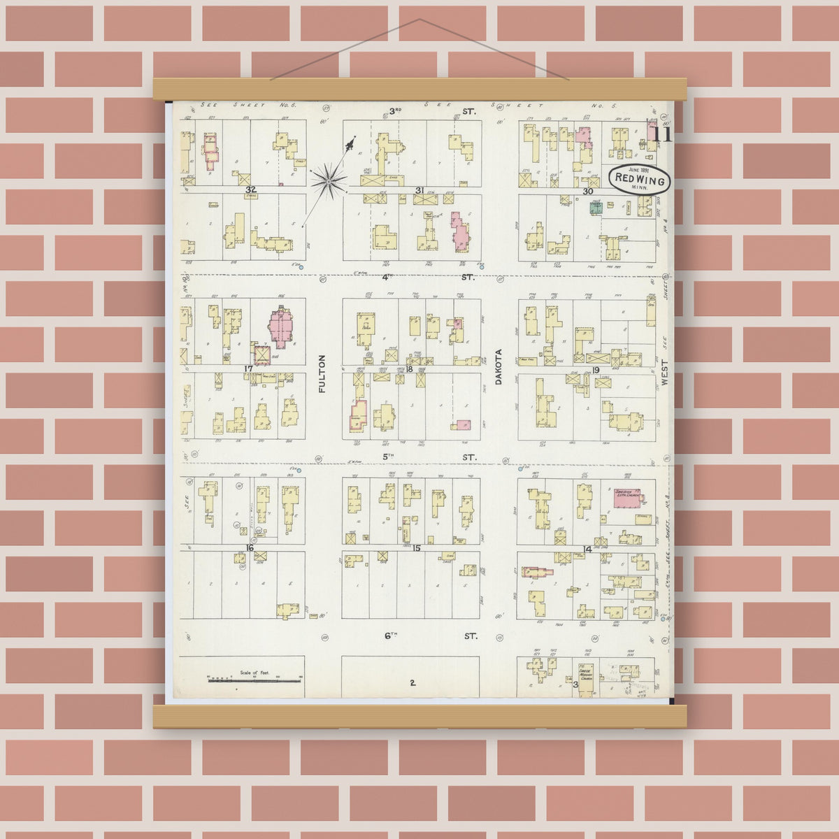 Old map wall art mockup — magnetic wood frame on brick wall — Sanborn Fire Insurance Map from Red Wing, Goodhue County, Minnesota (1891), Sheet #0011