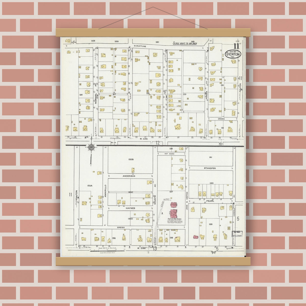 Old map wall art mockup — magnetic wood frame on brick wall — Sanborn Fire Insurance Map from Denton, Denton County, Texas (1921), Sheet #0011