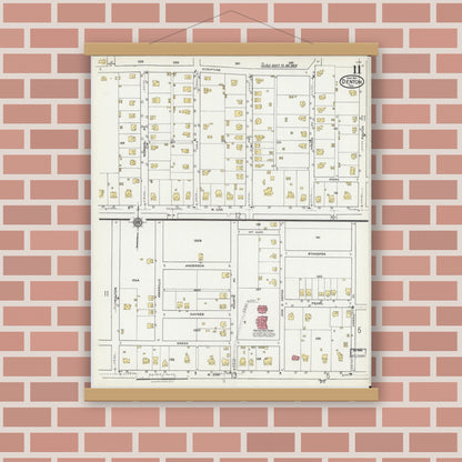 Old map wall art mockup — magnetic wood frame on brick wall — Sanborn Fire Insurance Map from Denton, Denton County, Texas (1921), Sheet #0011