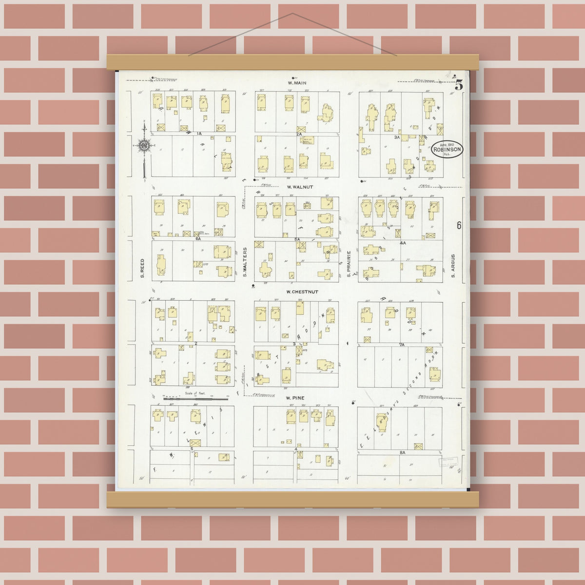 Old map wall art mockup — magnetic wood frame on brick wall — Sanborn Fire Insurance Map from Robinson, Crawford County, Illinois (1910), Sheet #0005