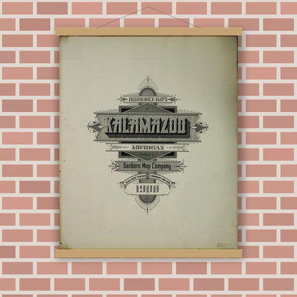 Old map wall art mockup — magnetic wood frame on brick wall — Sanborn Fire Insurance Map from Kalamazoo, Kalamazoo County, Michigan (1908), Sheet #0001