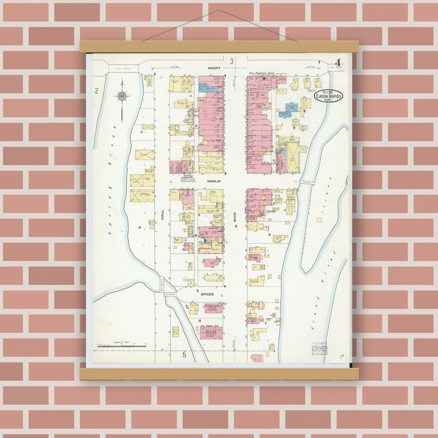 Old map wall art mockup — magnetic wood frame on brick wall — Sanborn Fire Insurance Map from Eaton Rapids, Eaton County, Michigan (1911), Sheet #0004