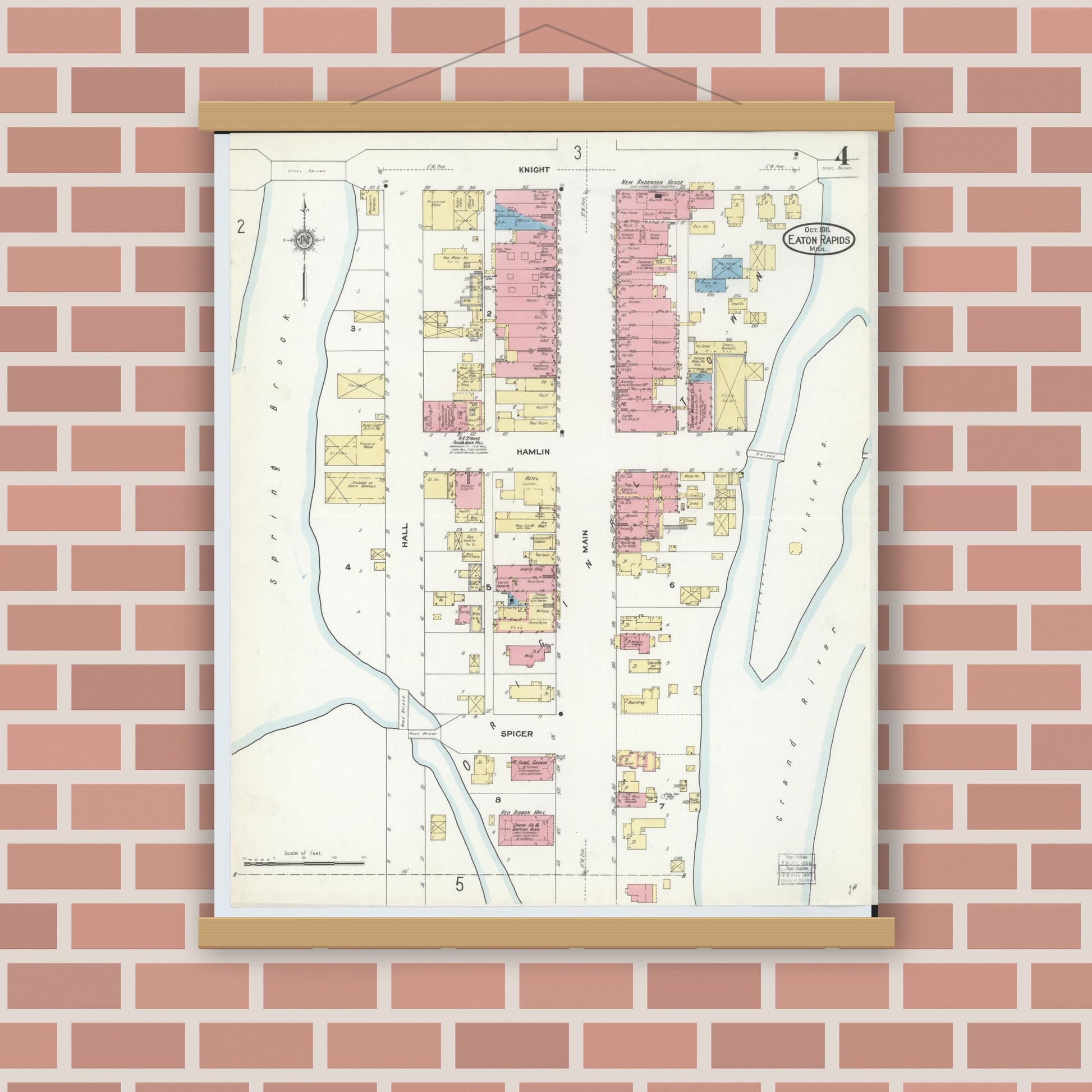 Old map wall art mockup — magnetic wood frame on brick wall — Sanborn Fire Insurance Map from Eaton Rapids, Eaton County, Michigan (1911), Sheet #0004