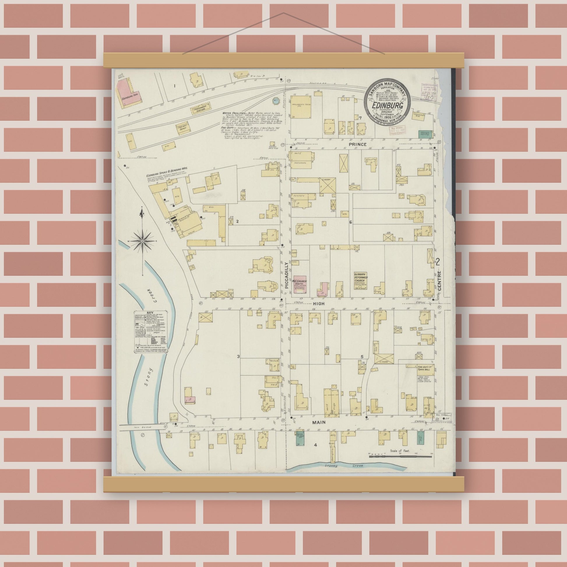 Old map wall art mockup — magnetic wood frame on brick wall — Sanborn Fire Insurance Map from Edinburg, Shenandoah County, Virginia (1908) - Complete Map Set