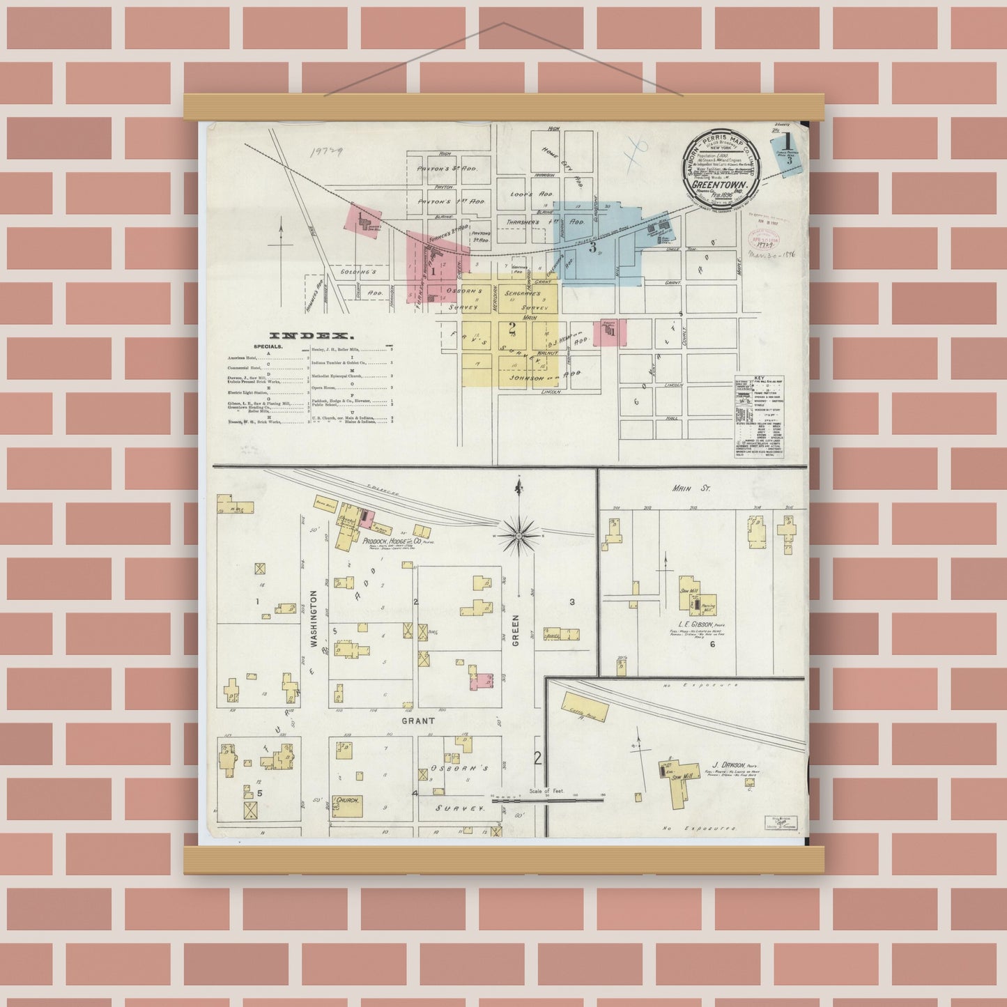 Old map wall art mockup — magnetic wood frame on brick wall — Sanborn Fire Insurance Map from Greentown, Howard County, Indiana (1896), Sheet #0001