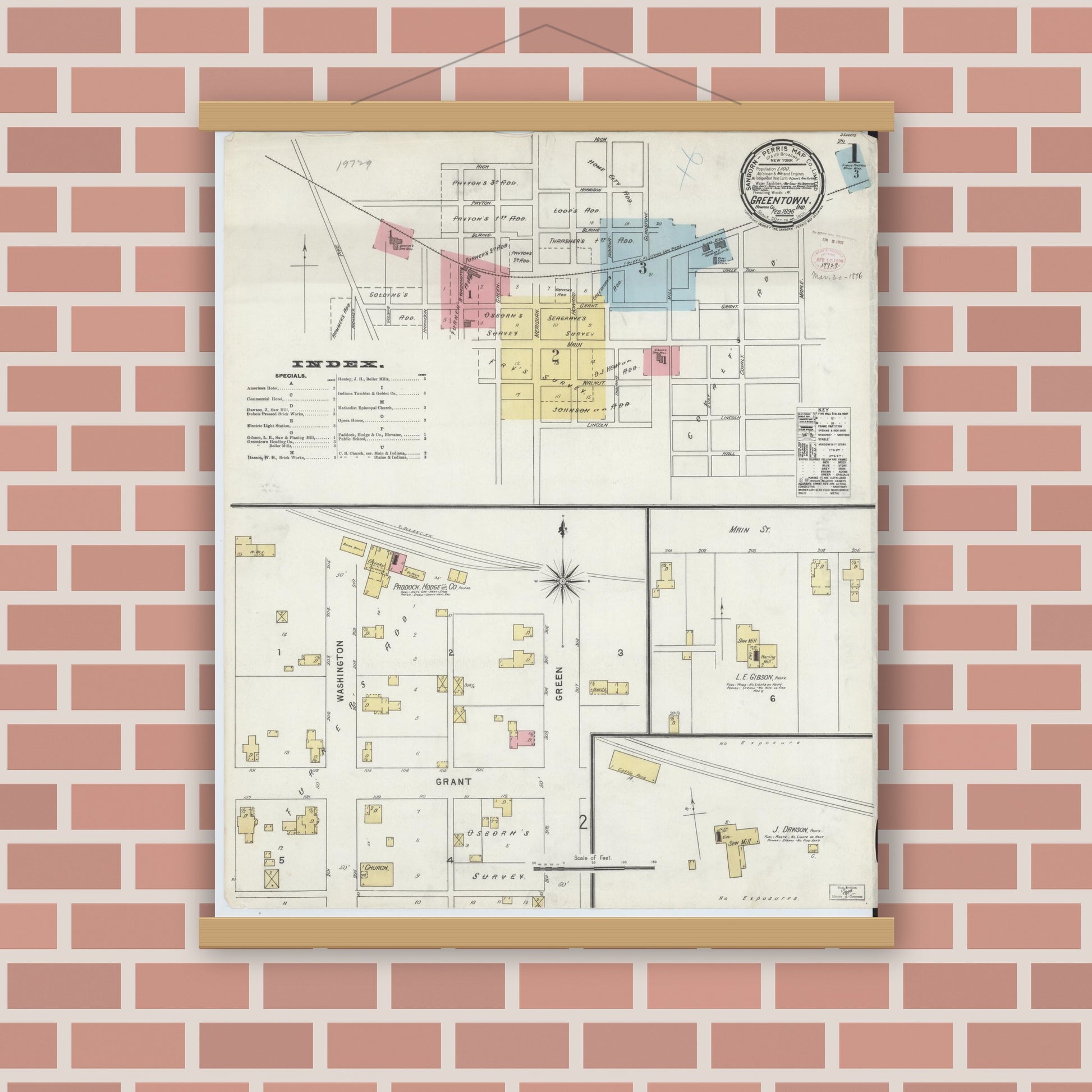 Old map wall art mockup — magnetic wood frame on brick wall — Sanborn Fire Insurance Map from Greentown, Howard County, Indiana (1896), Sheet #0001