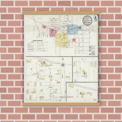 Old map wall art mockup — magnetic wood frame on brick wall — Sanborn Fire Insurance Map from Greentown, Howard County, Indiana (1896), Sheet #0001