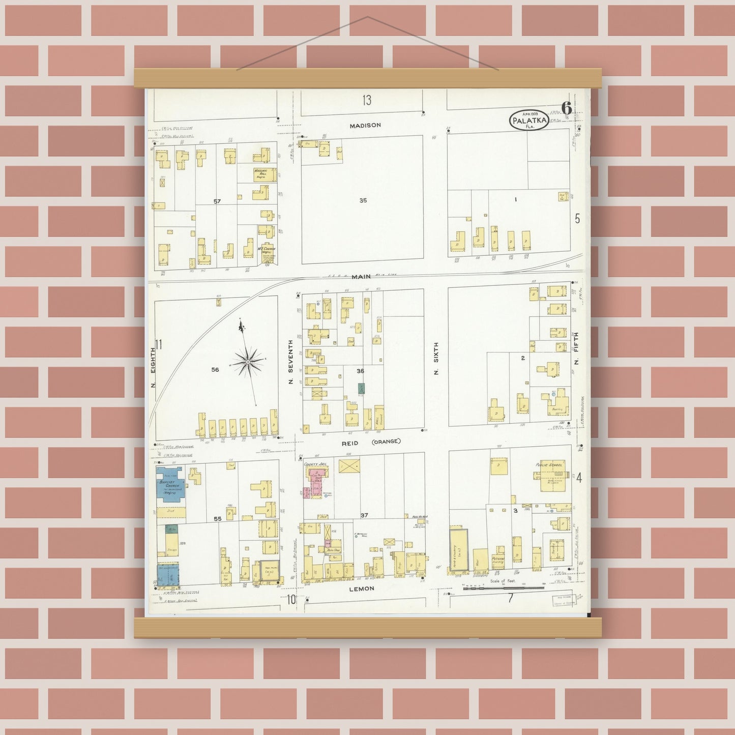 Old map wall art mockup — magnetic wood frame on brick wall — Sanborn Fire Insurance Map from Palatka, Putnam County, Florida (1909), Sheet #0006