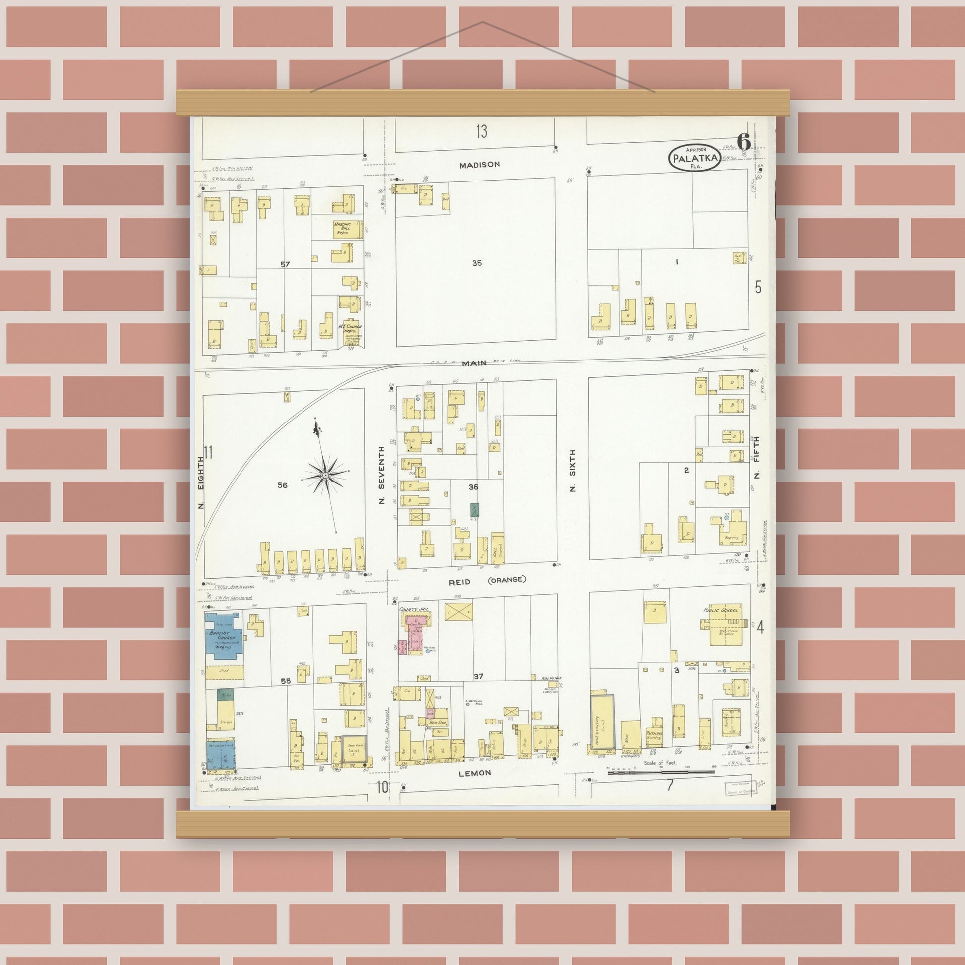 Old map wall art mockup — magnetic wood frame on brick wall — Sanborn Fire Insurance Map from Palatka, Putnam County, Florida (1909), Sheet #0006