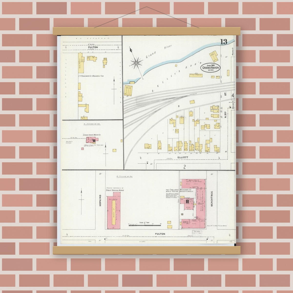 Old map wall art mockup — magnetic wood frame on brick wall — Sanborn Fire Insurance Map from Grand Haven, Ottawa County, Michigan (1906), Sheet #0013