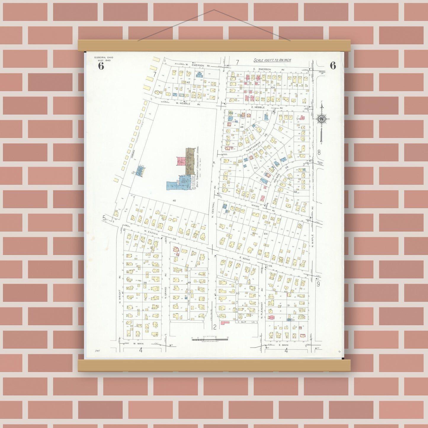 Old map wall art mockup — magnetic wood frame on brick wall — Sanborn Fire Insurance Map from Osborn, Greene County, Ohio (1943), Sheet #0006