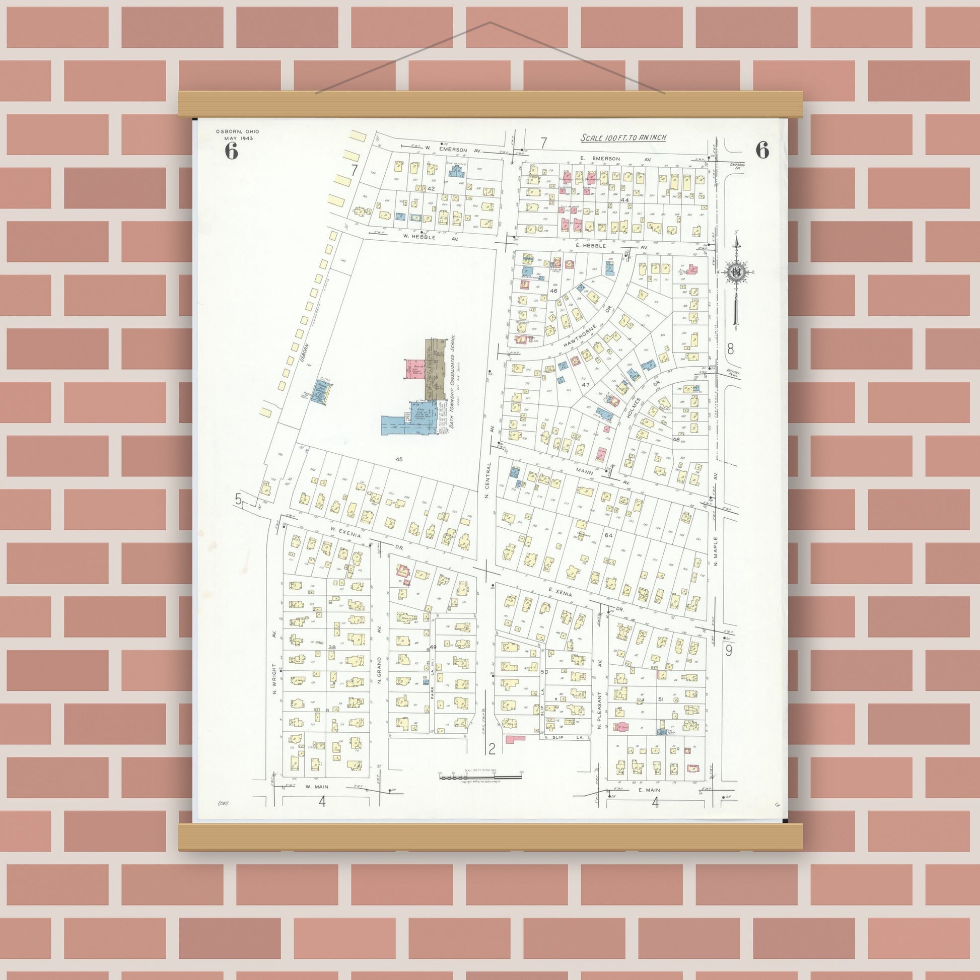 Old map wall art mockup — magnetic wood frame on brick wall — Sanborn Fire Insurance Map from Osborn, Greene County, Ohio (1943), Sheet #0006