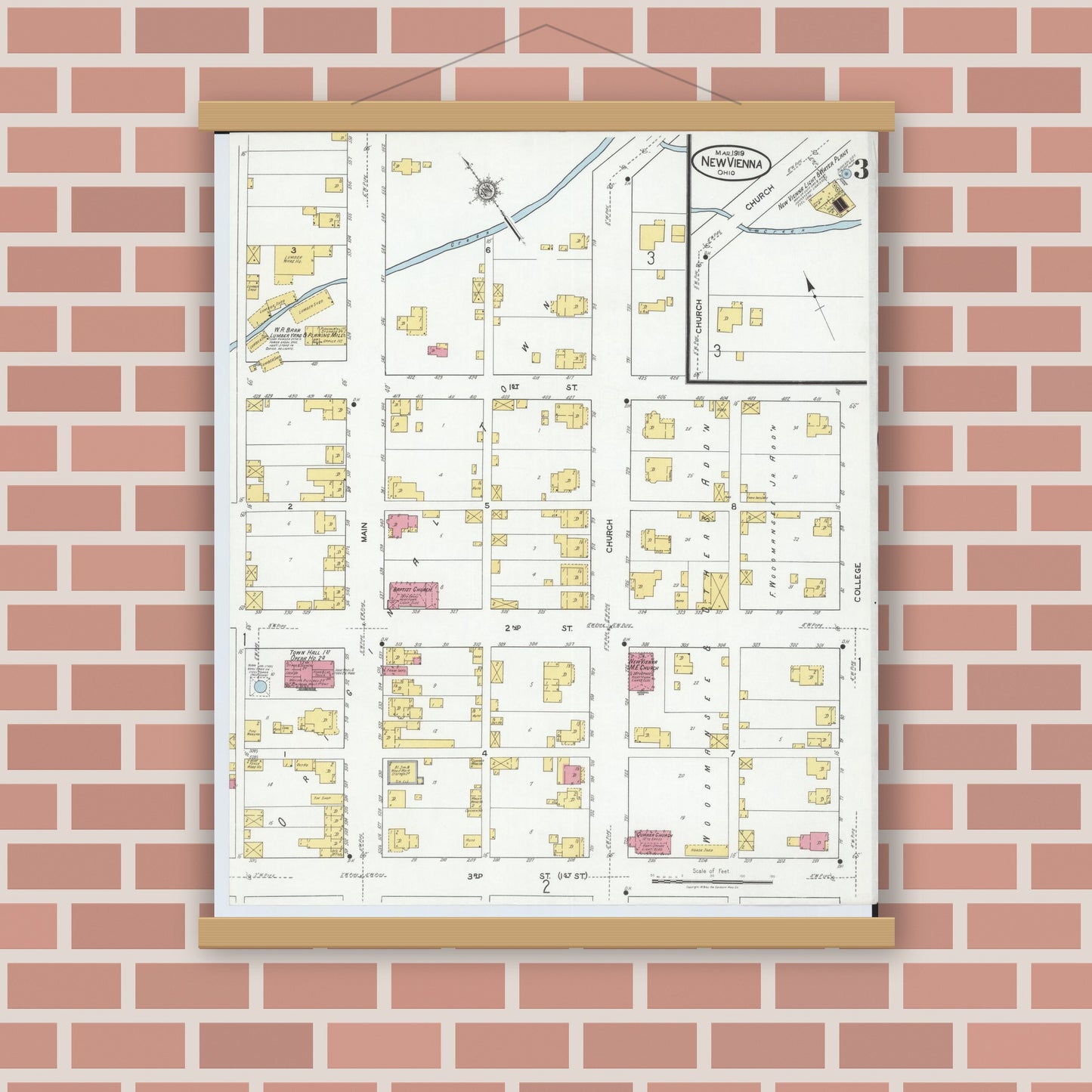 Old map wall art mockup — magnetic wood frame on brick wall — Sanborn Fire Insurance Map from New Vienna, Clinton County, Ohio (1919), Sheet #0003