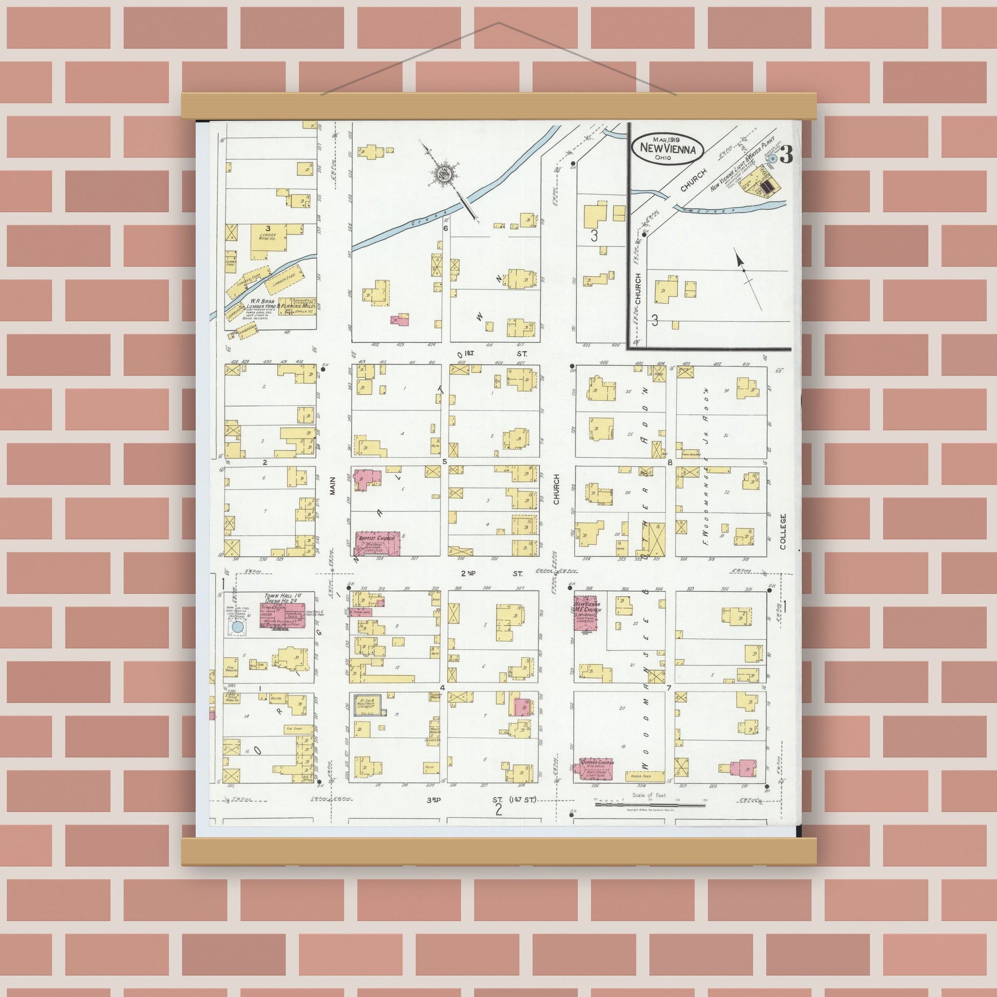 Old map wall art mockup — magnetic wood frame on brick wall — Sanborn Fire Insurance Map from New Vienna, Clinton County, Ohio (1919), Sheet #0003