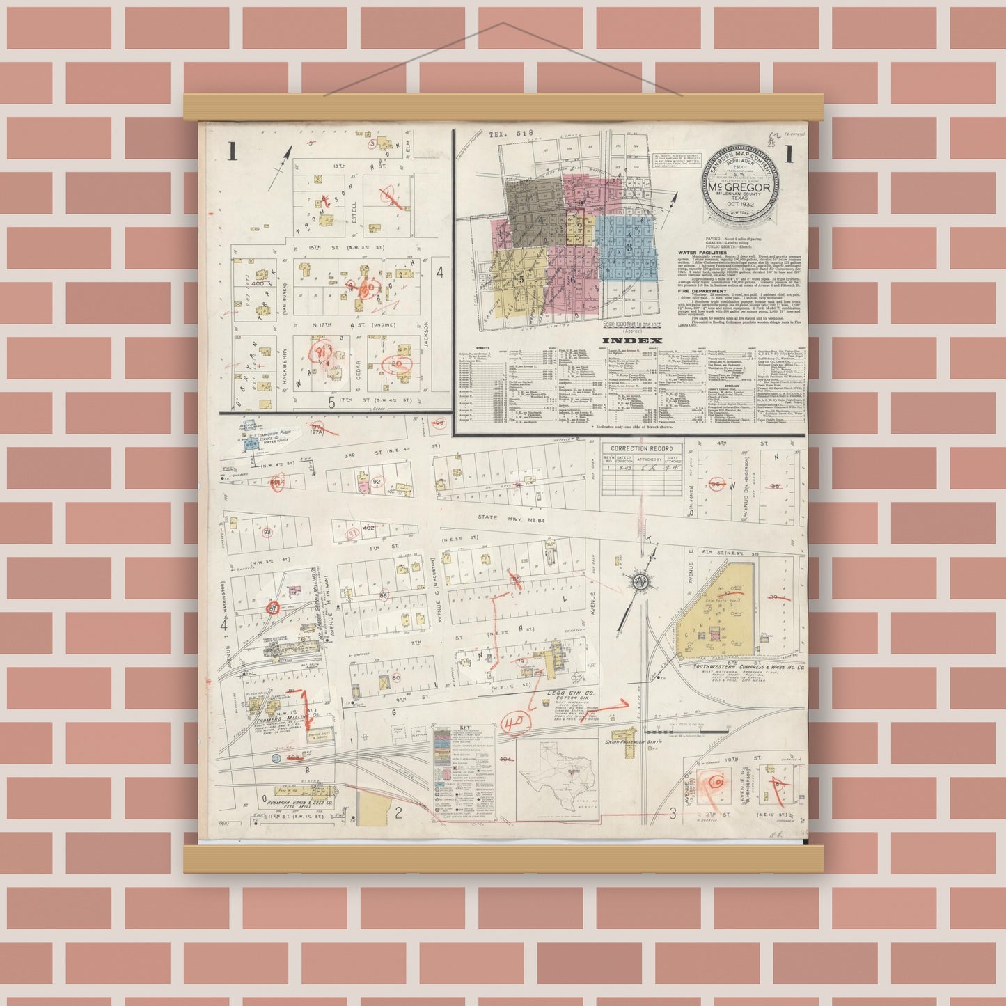 Old map wall art mockup — magnetic wood frame on brick wall — Sanborn Fire Insurance Map from McGregor, McLennan County, Texas (1942), Sheet #0001
