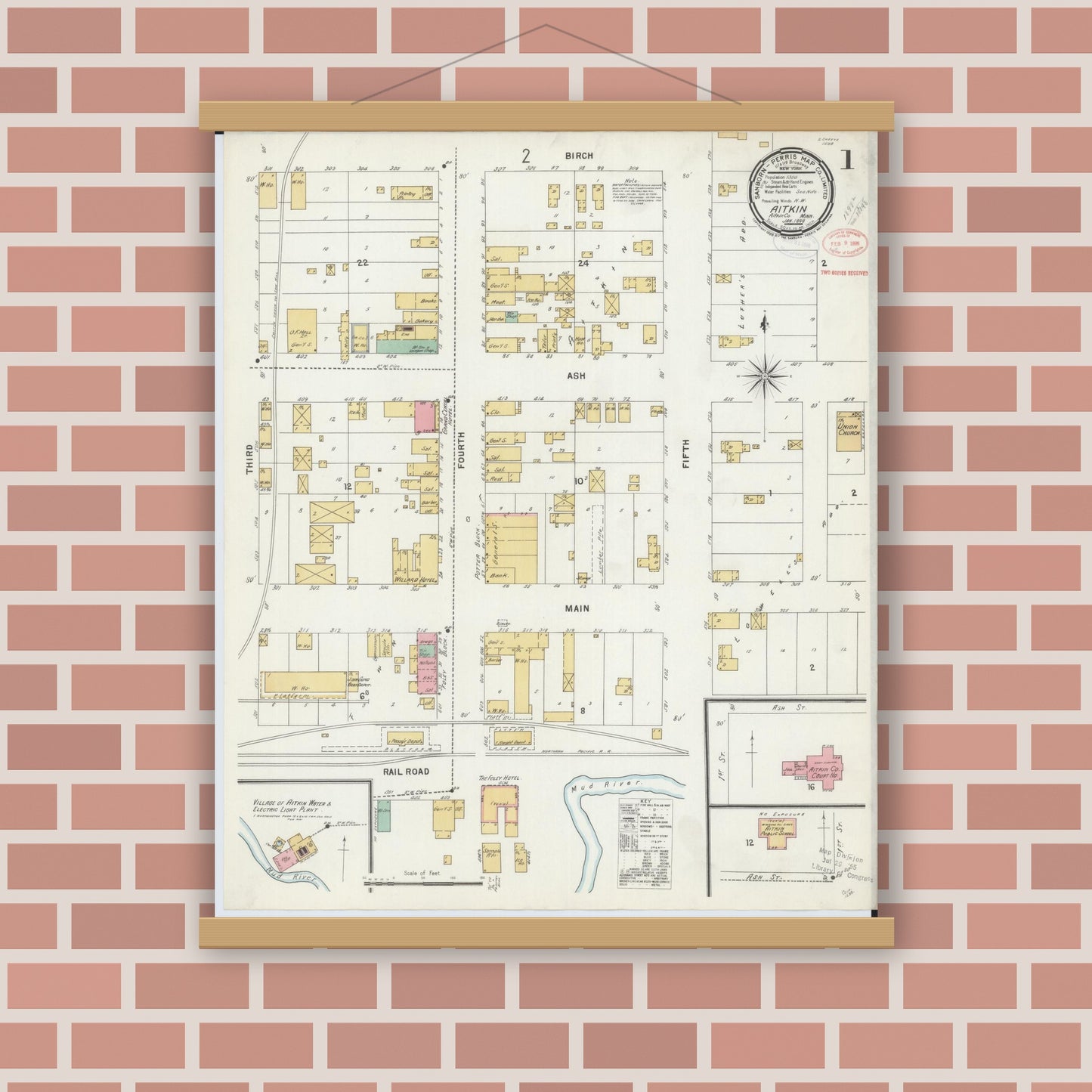 Old map wall art mockup — magnetic wood frame on brick wall — Sanborn Fire Insurance Map from Aitkin, Aitkin County, Minnesota (1898), Sheet #0001