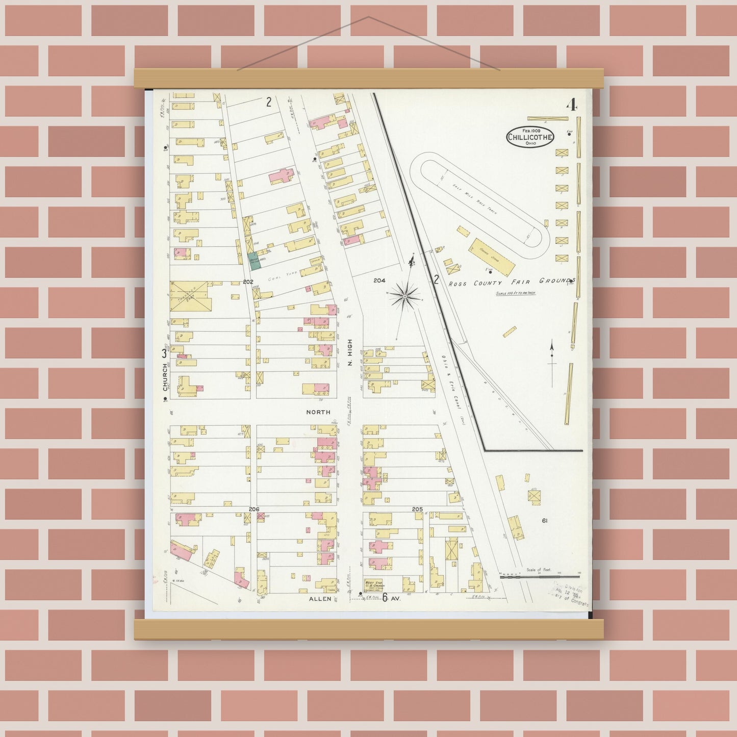 Old map wall art mockup — magnetic wood frame on brick wall — Sanborn Fire Insurance Map from Chillicothe, Ross County, Ohio (1909), Sheet #0004