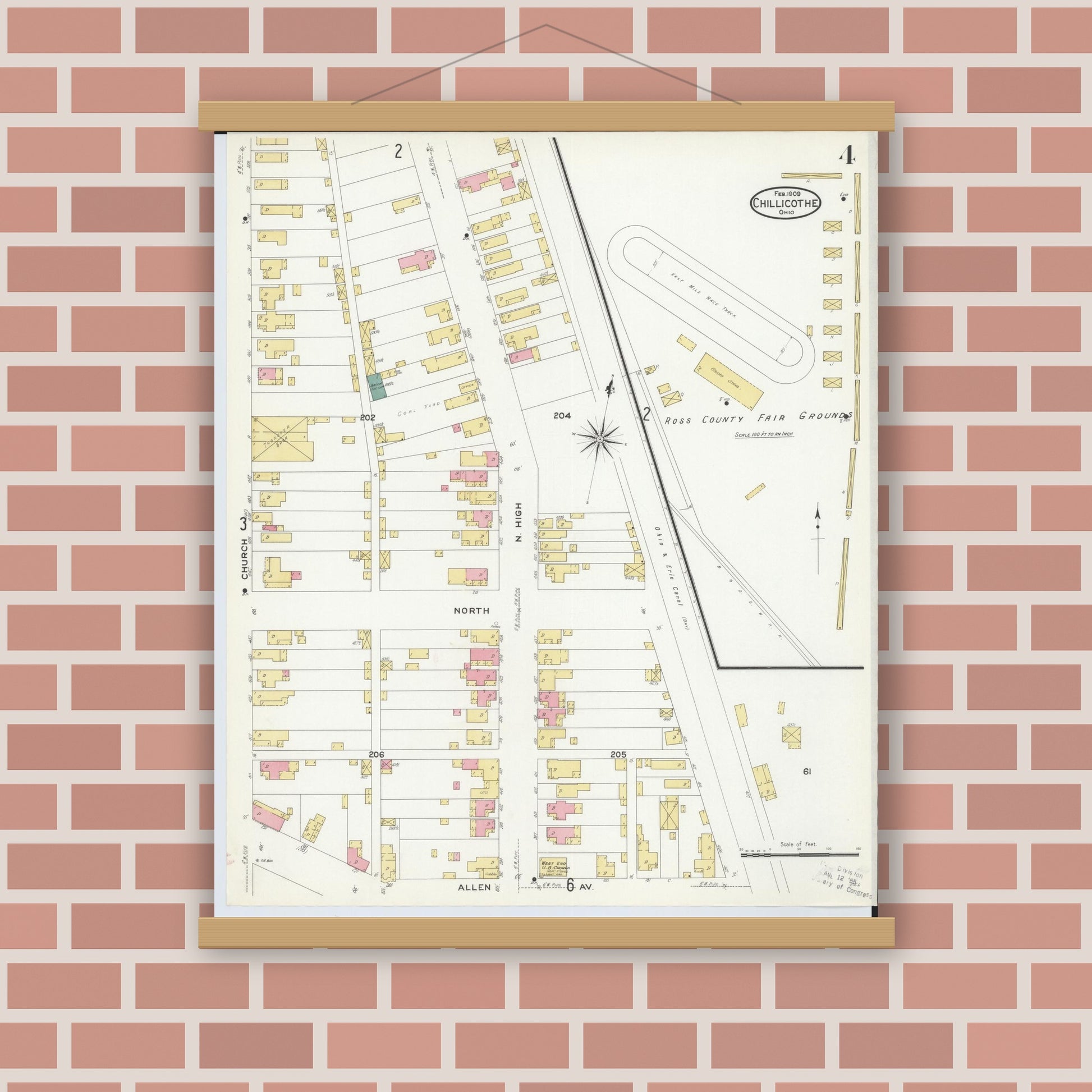 Old map wall art mockup — magnetic wood frame on brick wall — Sanborn Fire Insurance Map from Chillicothe, Ross County, Ohio (1909), Sheet #0004