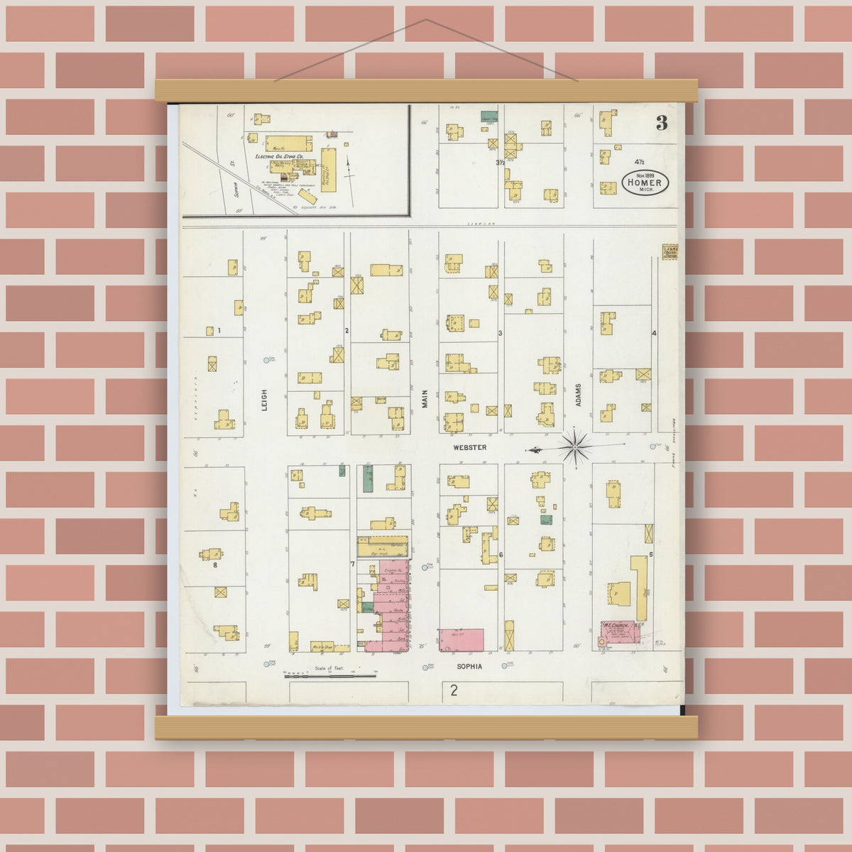 Old map wall art mockup — magnetic wood frame on brick wall — Sanborn Fire Insurance Map from Homer, Calhoun County, Michigan (1899), Sheet #0003