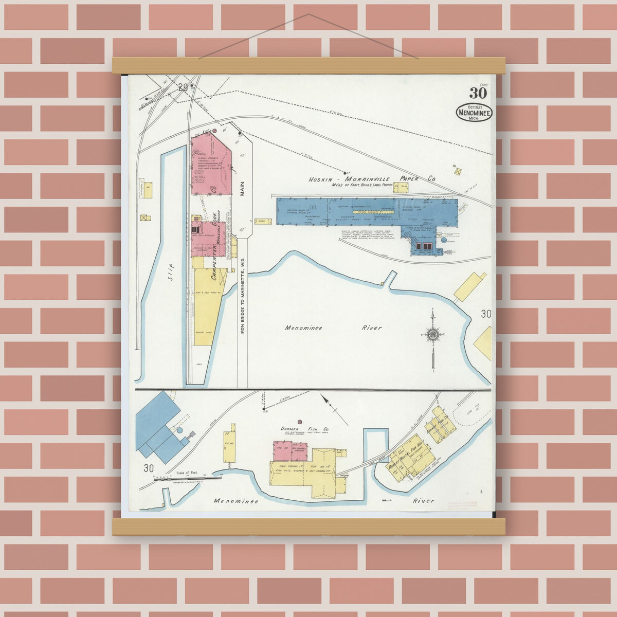 Old map wall art mockup — magnetic wood frame on brick wall — Sanborn Fire Insurance Map from Menominee, Menominee County, Michigan (1921), Sheet #0030