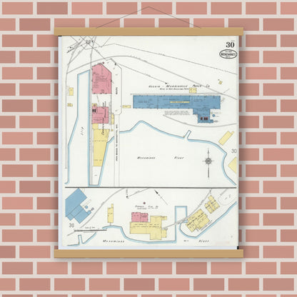 Old map wall art mockup — magnetic wood frame on brick wall — Sanborn Fire Insurance Map from Menominee, Menominee County, Michigan (1921), Sheet #0030