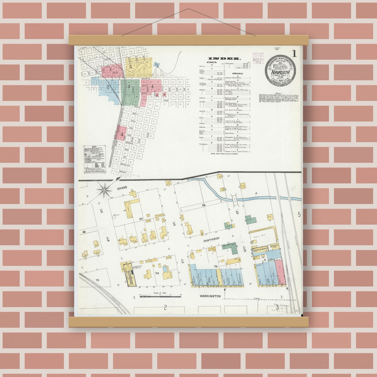 Old map wall art mockup — magnetic wood frame on brick wall — Sanborn Fire Insurance Map from Navasota, Grimes County, Texas (1906) - Complete Map Set